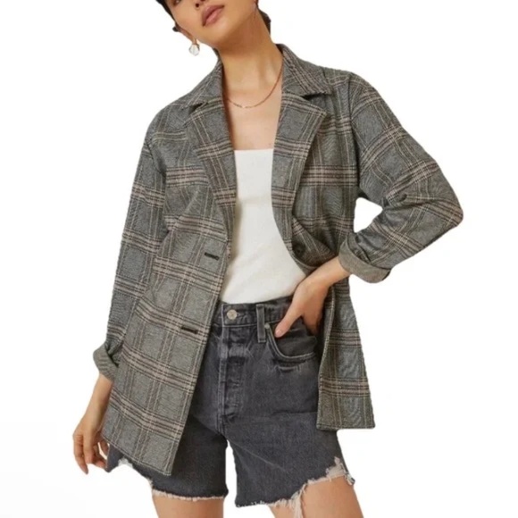 Avec Les Filles Plaid Relaxed Fit Longline Blazer Jacket Gray Tan Size Medium - Picture 1 of 11